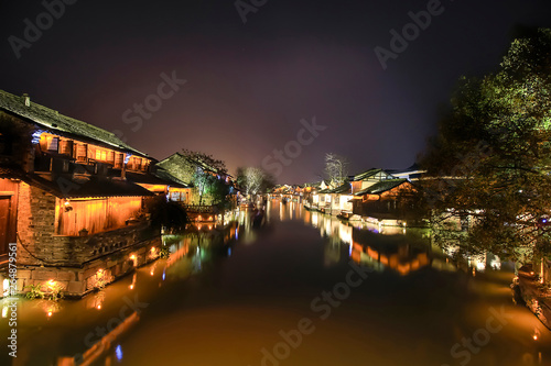 China wuzhen feature of jiangnan building at night photo