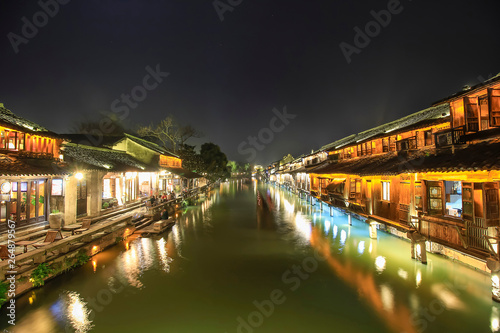 China wuzhen feature of jiangnan building at night