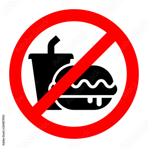Prohibition sign vector. No food or drink, a cup of drink and a burger silhouette illustration, simple design.