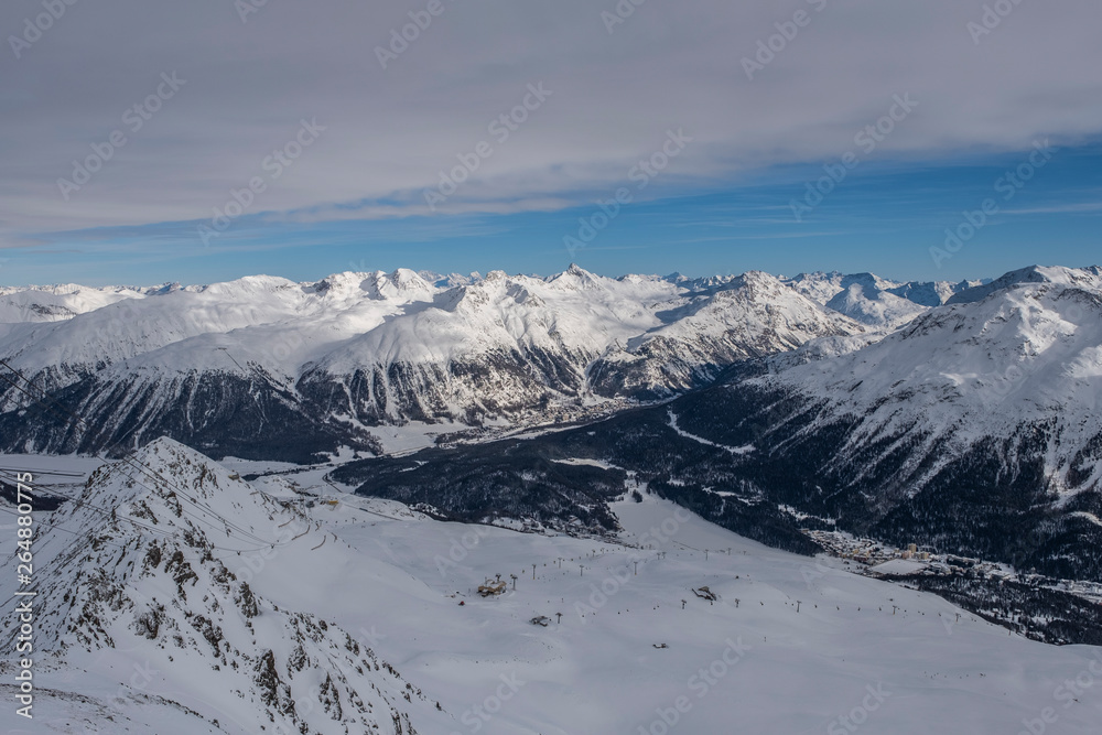 panorama of Sankt Moritz (Saint Moritz, San Maurizio) town and lake in Engadine, Swiss Alps, during winter