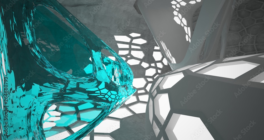 Abstract concrete and glass interior with neon lighting. 3D illustration and rendering. Abstract concrete and glass interior with neon lighting. 3D illustration and rendering.