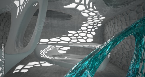 Abstract concrete and glass interior with neon lighting. 3D illustration and rendering.