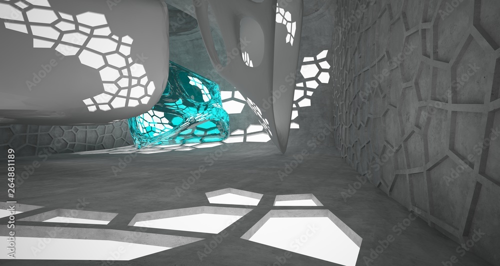 Abstract concrete and glass interior with neon lighting. 3D illustration and rendering. Abstract concrete and glass interior with neon lighting. 3D illustration and rendering.