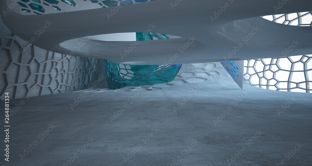 Abstract concrete and glass interior with window. 3D illustration and rendering. Abstract concrete and glass interior with window. 3D illustration and rendering.