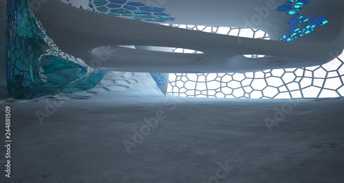 Abstract concrete and glass interior with window. 3D illustration and rendering.