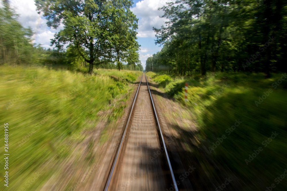 Fototapeta premium Defocused railroad tracks in summer nature behind a passing train