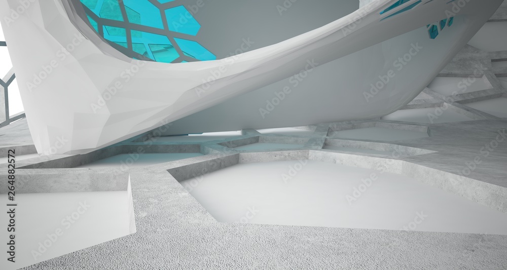 Abstract  concrete and glass interior  with window. 3D illustration and rendering.