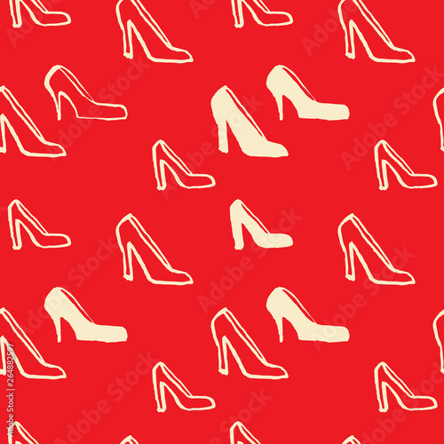 Women shoes seamless pattern. Red dry brush grunge background.