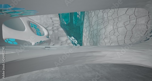 Abstract  concrete and glass interior  with window. 3D illustration and rendering.