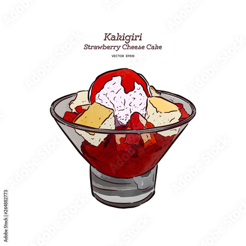 Strawberry Shave ice or kakigori , hand draw sketch vector.