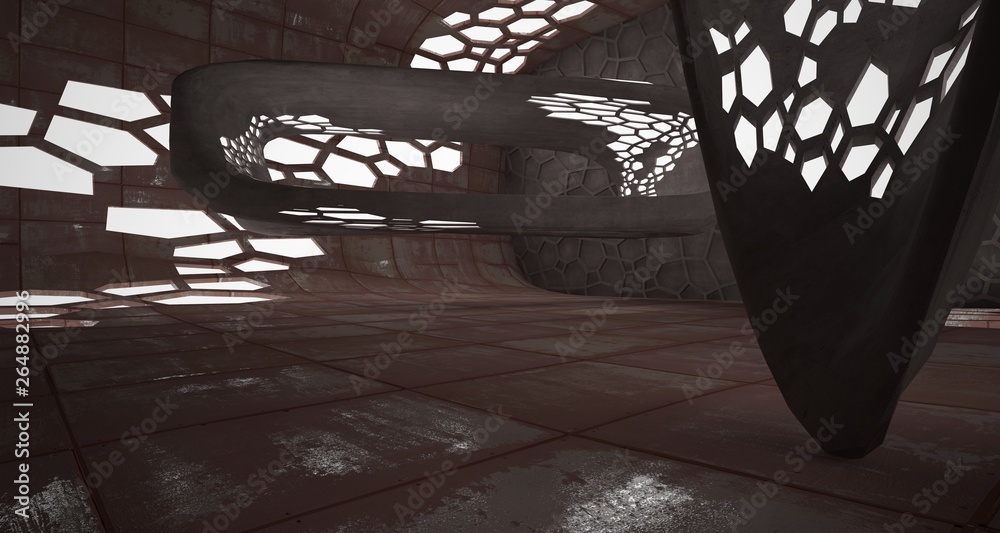 Abstract room interior of sheets rusted metal . Architectural background. 3D illustration and rendering Abstract room interior of sheets rusted metal . Architectural background. 3D illustration and rendering