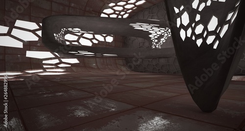 Abstract room interior of sheets rusted metal . Architectural background. 3D illustration and rendering