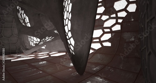 Abstract room interior of sheets rusted metal . Architectural background. 3D illustration and rendering