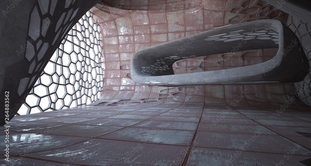 Obraz premium Empty abstract room interior of sheets rusted metal. Architectural background. 3D illustration and rendering