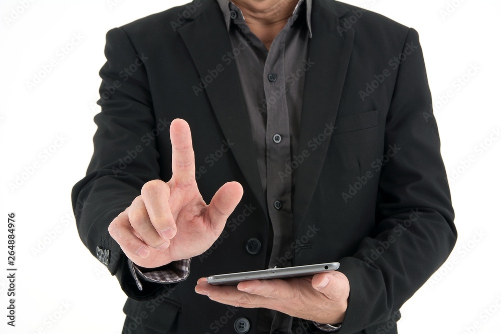 portrait a businessman show finger point and hold mobile device on white background portrait a businessman show finger point and hold mobile device on white background