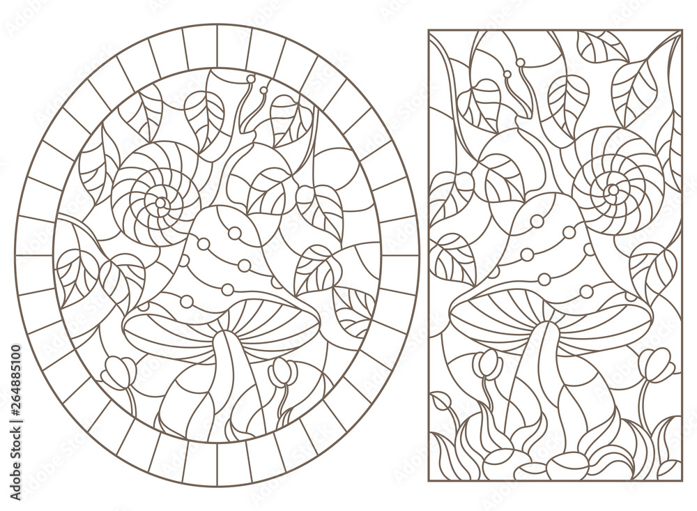 Set contour illustrations in the stained glass style snail on mushroom, dark outline on a white background Set contour illustrations in the stained glass style snail on mushroom, dark outline on a white background