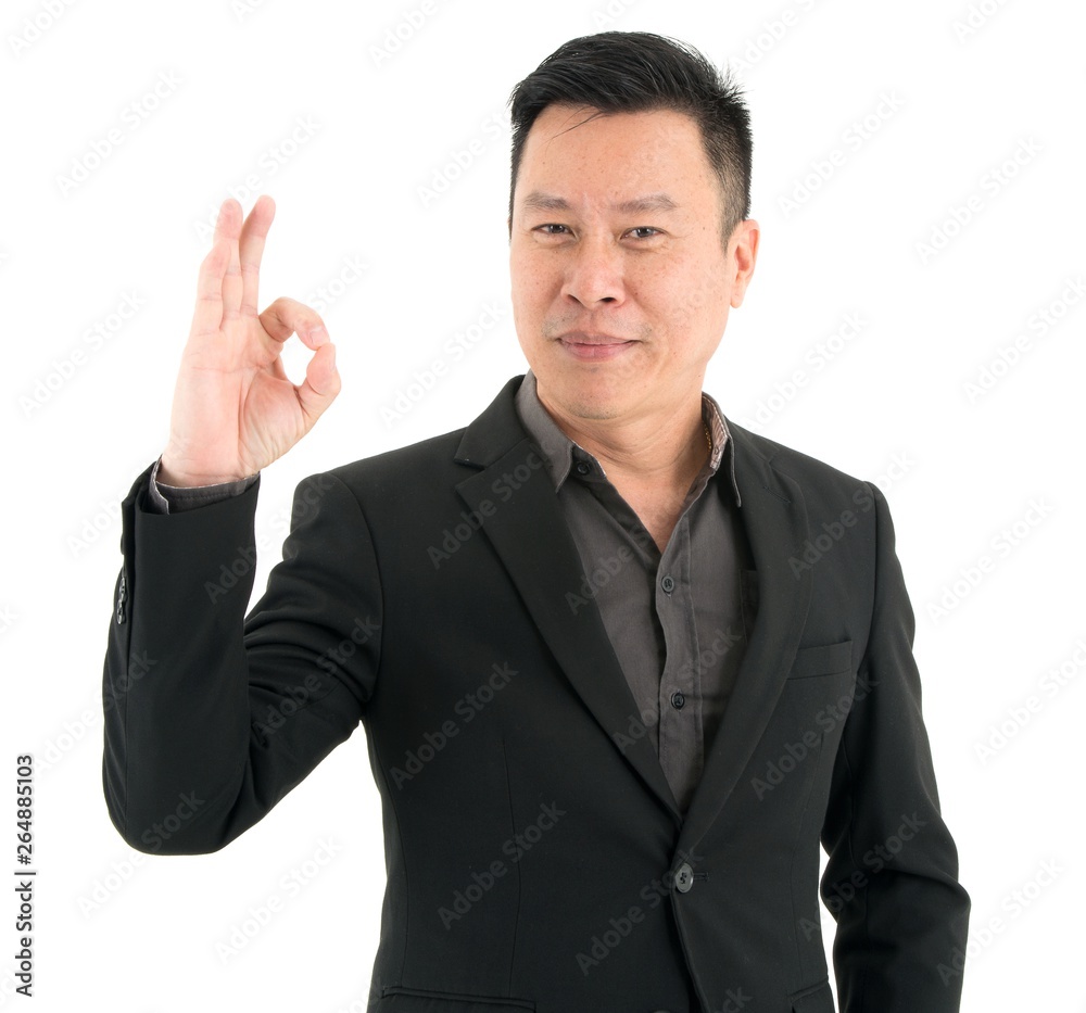 Portrait of businessman present confidence showing OK fingers, isolated on white background Portrait of businessman present confidence showing OK fingers, isolated on white background