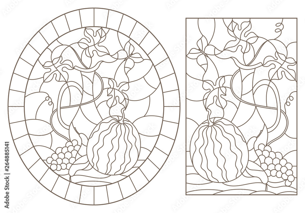 Set of contour illustrations of stained glass Windows with still lifes, jug and fruit, dark contours on a white background