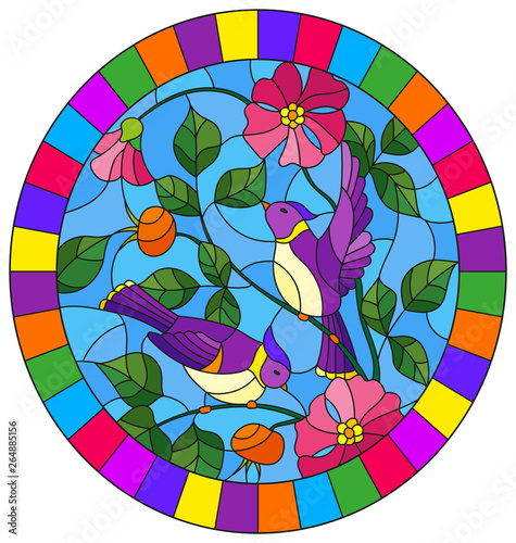 фотографія Illustration in stained glass style with two purple birds on the branches of blo