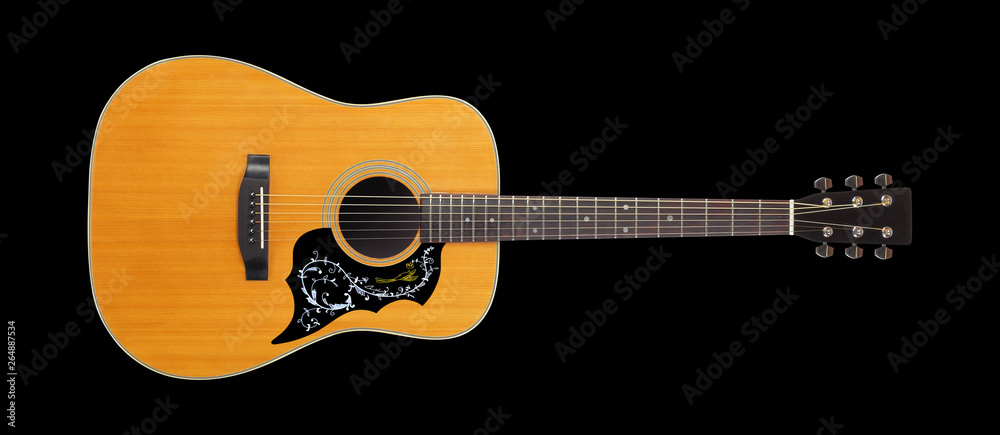 Musical instrument - Front view classic vintage acoustic guitar folk. Isolated on black