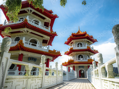 Photography Singapore Nov 26, 2018: The Twin Pagodas on Jurong Lake, A beautiful chinese style building with blue sky in the Chinese Garden with cloudy sky in Singapore