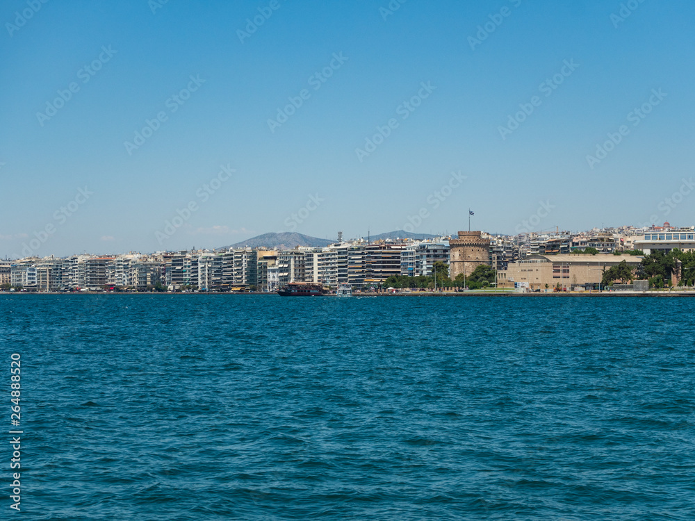 View of the embankment of Thessaloniki, the White Tower and the Royal Theater, Greece