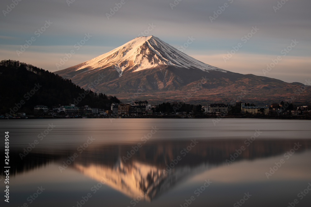Mount Fuji reflected in Lake Kawaguchi at Sunrise