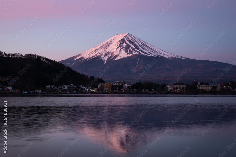 Magnificent Mount Fuji reflected in Lake Kawaguchi at Sunrise
