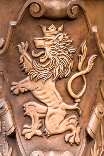 Prague / Czech Republic 03.31.2019: coat of arms bronze lion flat image