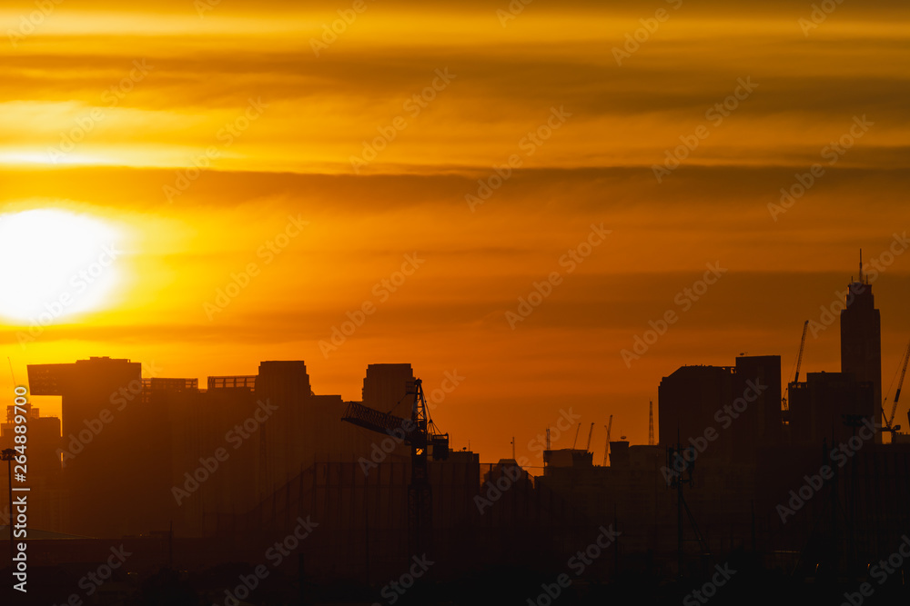 The silhouette of building. Sunset view in City, Bangkok, Thailand