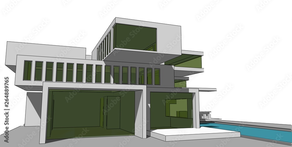 3D illustration architecture building perspective lines. 3D illustration architecture building perspective lines.