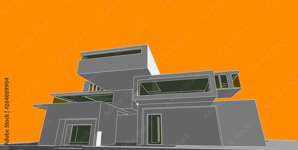 3D illustration architecture building perspective lines. 3D illustration architecture building perspective lines.