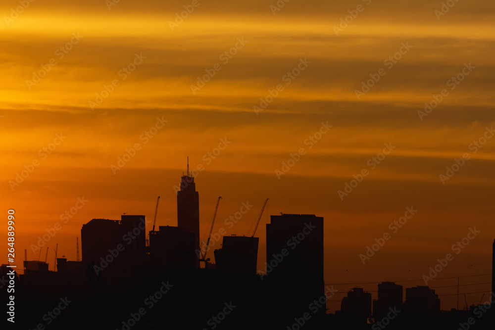 The silhouette of building. Sunset view in City, Bangkok, Thailand