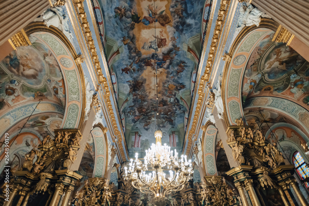 Ternopil, Ukraine - 20 October 2018: Cathedral of the Immaculate Conception of the Blessed Virgin Mary, ceiling and chandelier