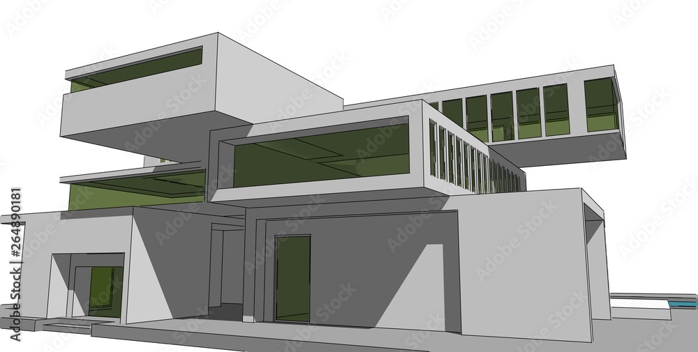 3D illustration architecture building perspective lines. 3D illustration architecture building perspective lines.