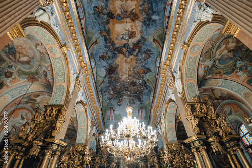 Ternopil, Ukraine - 20 October 2018: Cathedral of the Immaculate Conception of the Blessed Virgin Mary, ceiling and chandelier