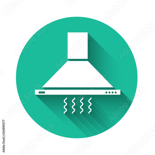 White Kitchen extractor fan icon isolated with long shadow. Cooker hood. Kitchen exhaust. Household appliance. Green circle button. Vector Illustration