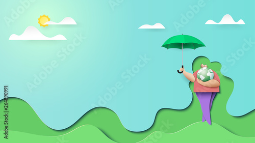 Woman save green earth landing page template background paper art style.Ecology and environment conservation creative idea concept.Vector illustration.