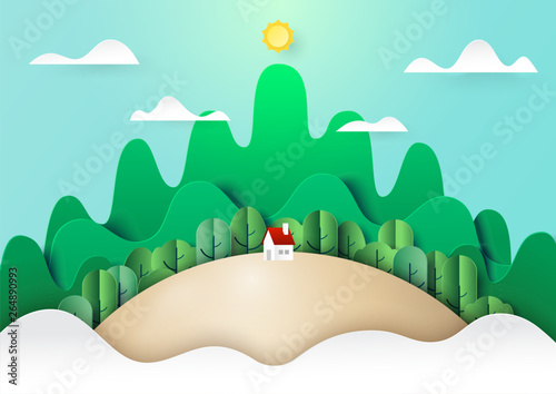 Paper art of nature landscape concept with little cattage,forest and mountains background.Ecology and environment conservation concept.Vector illustration.
