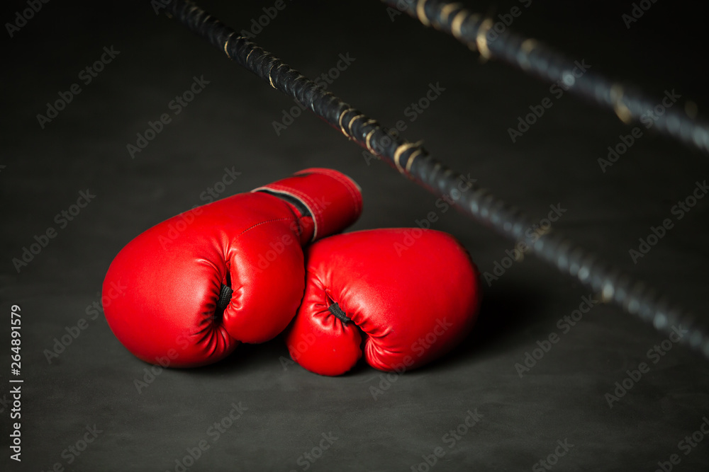 Red Boxing Sports, boxing glove on boxing ring in gym