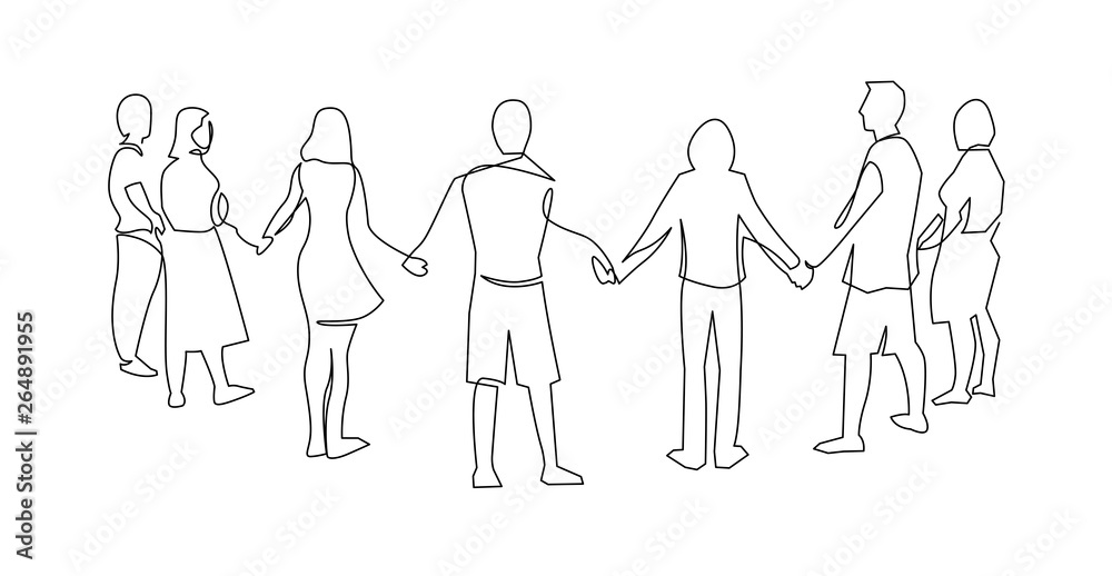 Unity, friendship continuous single line drawing. People, friends holding hands together.