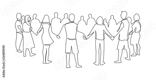 Unity, friendship continuous single line drawing. People, friends holding hands together.