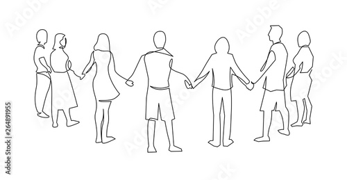 Unity, friendship continuous single line drawing. People, friends holding hands together.