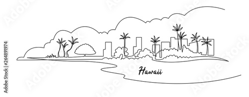 Hawaii landscape continuous one line drawing. Mountains, palms, seaside