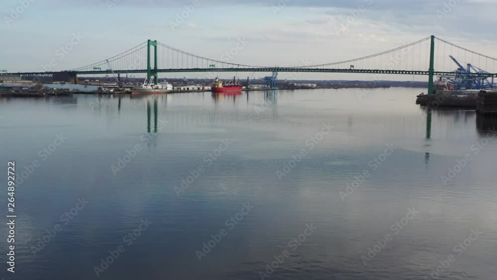 Aerial Video Flying Low on the Delaware River Towards Walt Whitman Bridge Philadelphia Aerial Video Flying Low on the Delaware River Towards Walt Whitman Bridge Philadelphia