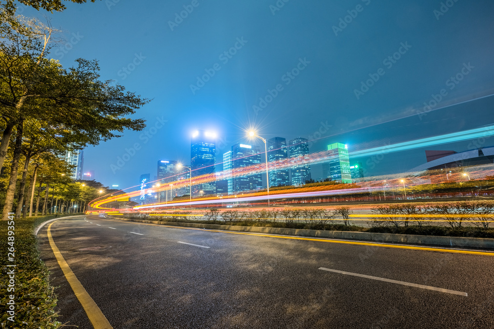 the light trails on the modern building background.