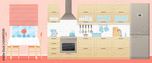Kitchen interior. Vector. Room with appliances, furniture dining table, stove, cupboard, blender, fridge and window in flat design. Cartoon illustration. Cooking banner.