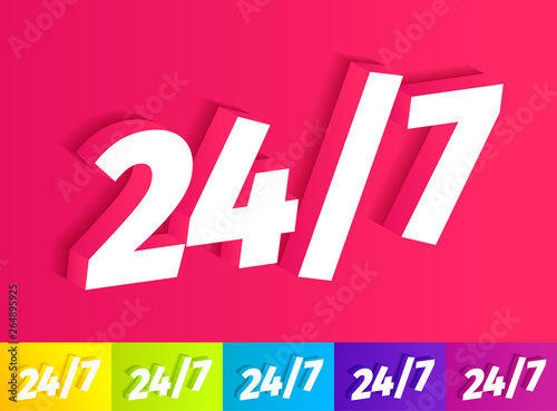 Open 24/7 3D Icon. White word on pink. A set of different colors yellow green blue purple. 24 hour support. Vector color illustration clipart.