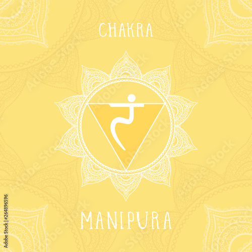 Vector illustration with symbol Manipura - Solar Plexus chakra on ornamental background.