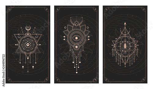 Vector set of three dark backgrounds with geometric symbols, grunge textures and frames. Abstract geometric symbols and sacred mystic signs drawn in lines.